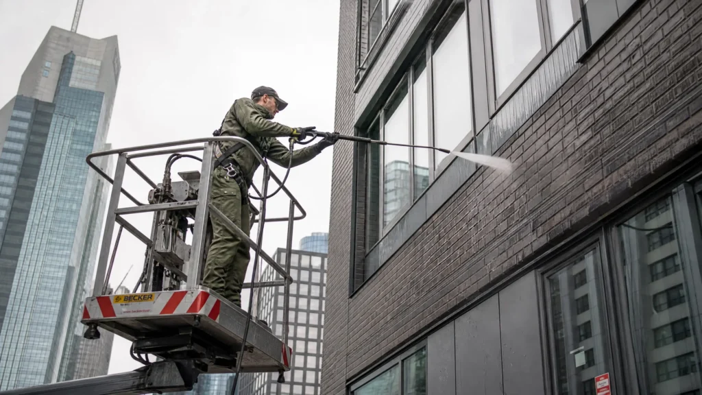 Fassadenreinigung Frankfurt – Babat GmbH – Fachmann reinigt Gebäudefassade mit professioneller Hochdruckreinigung