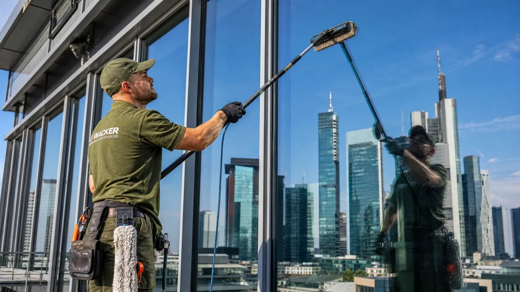Fensterreinigung Frankfurt – Babat GmbH – Profi reinigt große Glasfenster eines Bürogebäudes streifenfrei