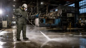 Industriereinigung Frankfurt – Babat GmbH – Industriereiniger reinigt Produktionshalle mit professioneller Ausrüstung