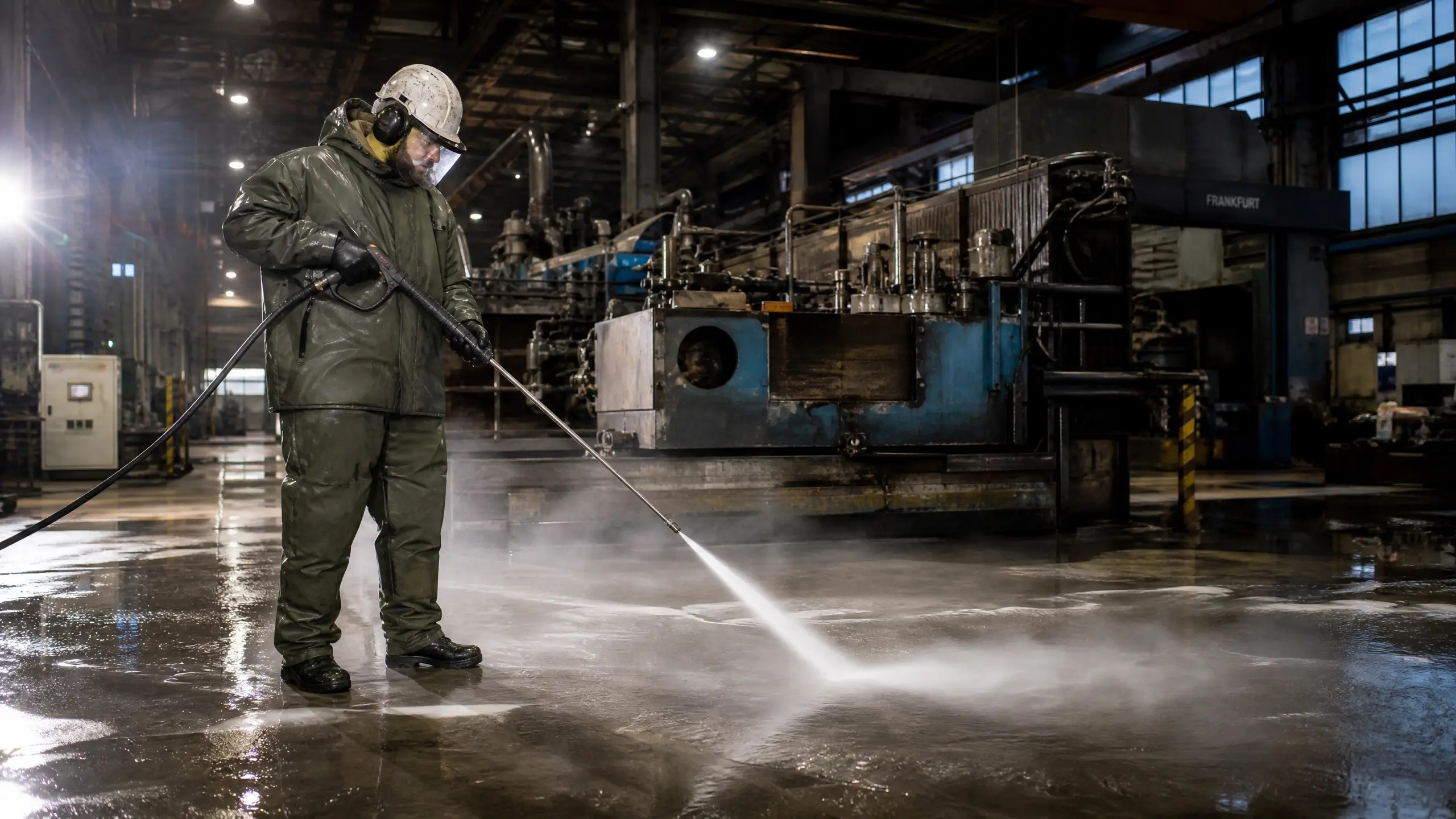 Industriereinigung Frankfurt – Babat GmbH – Industriereiniger reinigt Produktionshalle mit professioneller Ausrüstung