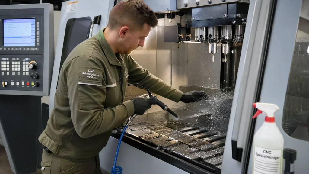 Maschinenreinigung Frankfurt – Babat GmbH – Techniker reinigt professionell CNC-Maschine und Industrieanlagen