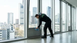 Bauschlussreinigung Frankfurt – Babat GmbH – Reinigungsfachkraft bei der finalen Bauschlussreinigung eines Neubaus