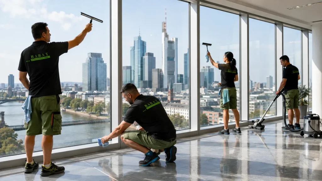 Fensterreinigung Frankfurt – Babat GmbH – Profi reinigt große Glasfenster eines Bürogebäudes streifenfrei