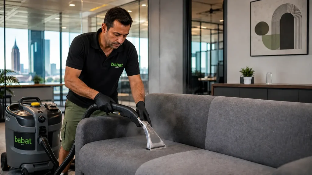 Polsterreinigung Frankfurt – Babat GmbH – Fachmann reinigt Bürosofa und Polstermöbel mit Spezialmaschine