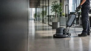 Professionelle Grundreinigung eines stark beanspruchten Bodens in einem modernen Gewerbeobjekt in Frankfurt.