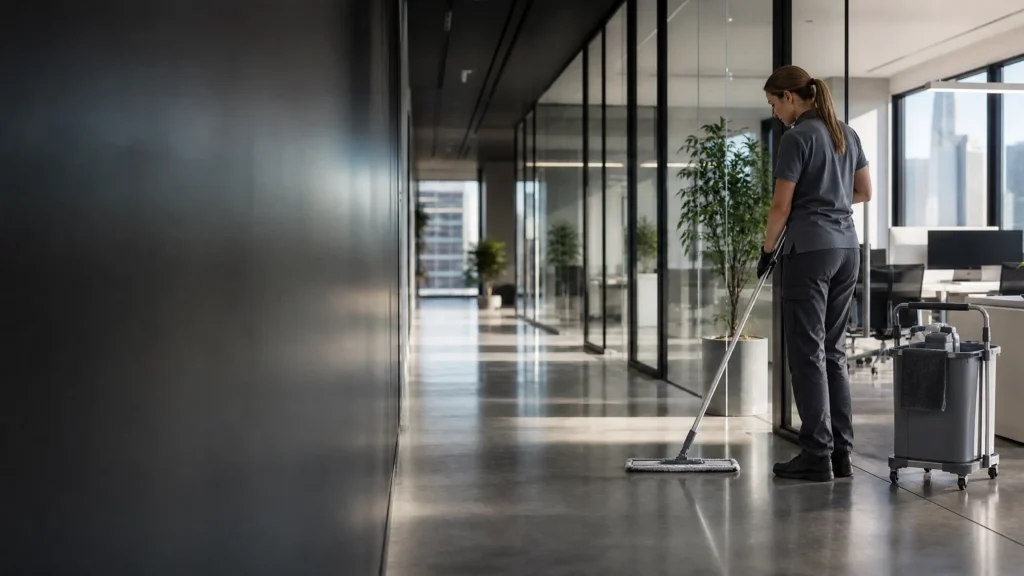 Reinigungskraft bei der regelmäßigen Unterhaltsreinigung eines modernen Bürogebäudes in Frankfurt.