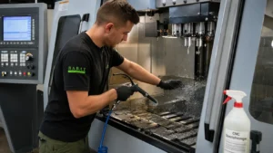 Maschinenreinigung Frankfurt – Babat GmbH – Techniker reinigt professionell CNC-Maschine und Industrieanlagen