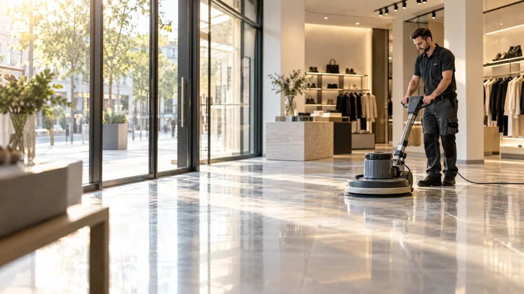 Professionelle Ladenreinigung in einem modernen Verkaufsraum in Frankfurt