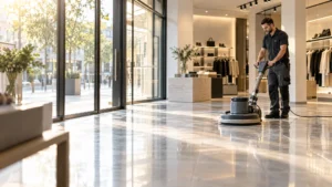 Professionelle Ladenreinigung in einem modernen Verkaufsraum in Frankfurt