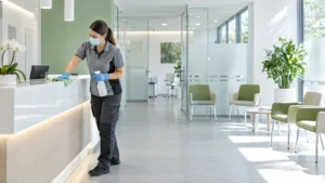 Professionelle Praxisreinigung in einem hellen medizinischen Empfangsbereich in Frankfurt